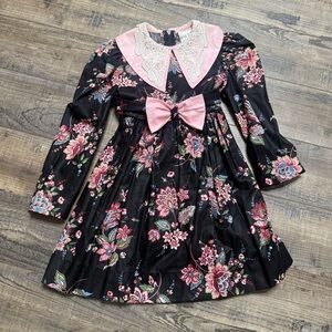 Vintage Ruth of Carolina Black Floral Dress Pink Accents and Lace Collar Size 4